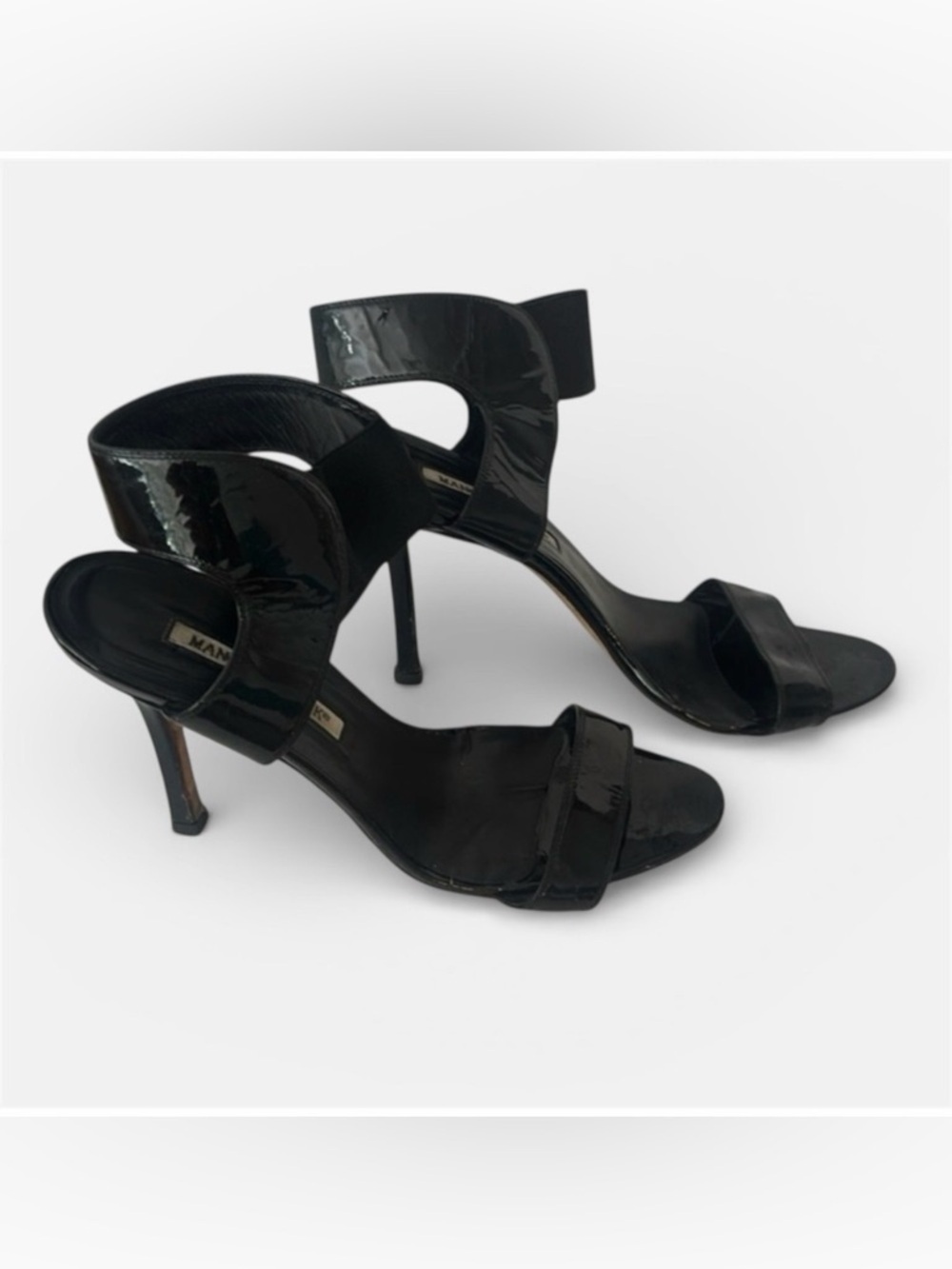 Manolo Blahnik Black Patent Leather Sandals 4 1/2” heel Size 39.5 9.5
